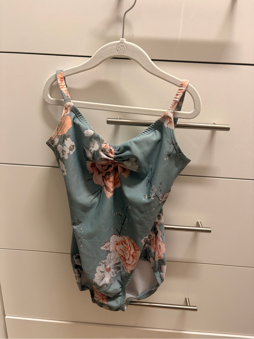Yumiko Floral Twist-Front Bodysuit - Dusty Blue with Peach Accents